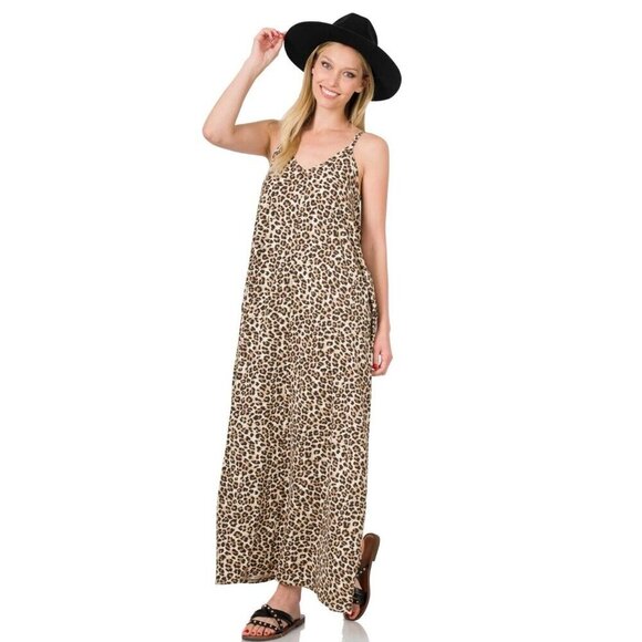 Zenana Leopard Print Soft Brushed Microfiber Cami Maxi Dress Pockets Women’s 2X - Picture 4 of 7